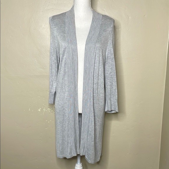 CHICO’S Cardigan Sweater Gray 3/4 Sleeves Open Front Long Duster size 1 (8) - Picture 1 of 12